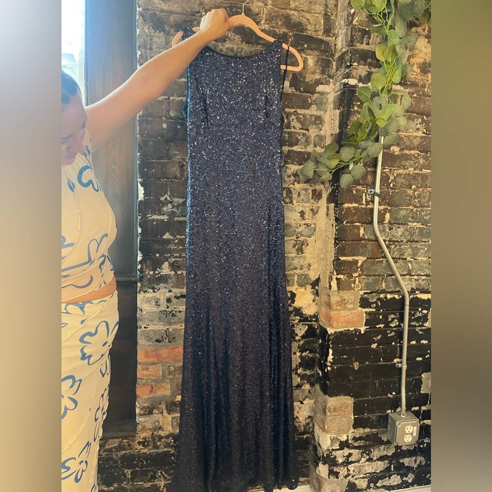 Theia navy sequin size 12 long formal dress